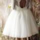 Short Lace Wedding Dress with Sleeves and Open back, Tea Length white lace Bridal dress