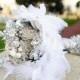 Crystal jewelry bridal bouquet with porcelain I do button