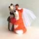 Unique wedding cake topper bride and groom Bear Fox bride and groom cake topper for wedding needle felted red heart  brown orange white cute