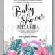 Baby shower floral invitation with hibiscus flower and tropical leaves, watercolor flower wreath - Unique vector illustrations, christmas cards, wedding invitations, images and photos by Ivan Negin