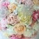 Bespoke Bright Pastel Pink, Ivory & Pearl Brooch flower roses wedding bridal bouquet
