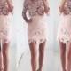 Fancy Scalloped Neck 3/4 Sleeves Pink Sheath Lace Homecoming Dress Under 100 from Dressywomen