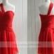 Handmade Ruching One-shoulder Red Knee Length Bridesmaid Dress/ Cocktail Dress/ Wedding Party Dress/ Short Prom Dress