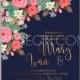Wedding invitation with delicate pink roses, daisies, pine branches and gold text on a navy blue - Unique vector illustrations, christmas cards, wedding invitations, images and photos by Ivan Negin