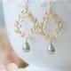 Gold laurel wreath Sage Green Teardrop Pearl Earrings Sage Green Wedding chandelier Earrings Bridal Earrings Bridal Party Bridesmaid Gift