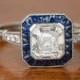 1.80ct Asscher Cut Diamond and Sapphire Engagement Ring. GIA 1.80 Carat, H color, VVS2. GIA certified. Handmade Platinum Mounting.