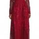 Floral-Embroidered Long-Sleeve Gown, Scarlet