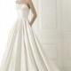 Simple A-line Scalloped-Edge Strapless Pockets Ruching Sweep/Brush Train Satin Wedding Dresses - Dressesular.com