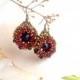 Chandelier earrings, black, red glass beaded earrings, dangle drop seed bead earrings, beadwork jewelry, beadweaving, rivoli earrings