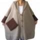 Plus Size Over Size Beige Mohair Overcoat - Poncho - Pelerine with Hood and Brown Pocket