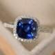 Sapphire ring, cushion cut engagement ring, silver, blue sapphire