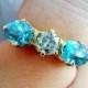 SALE Sparkly Fantastic Half Carat Old Mine Cut Diamond Aqua Sky Blue Zircon 3 Stone Engagement Ring! Victorian Era (1850s) in 14K YG!