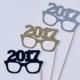2017 New Years Eve Photobooth Props - 3 Glittered NYE Glasses Photo Booth Party Props - Gold, Silver and Black Holiday