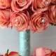 Bridal Bride Bouquet Groom Boutonniere Wedding Elegant Set Roses CORAL Robin's Egg BLUE pearl "Lily of Angeles" COCO01