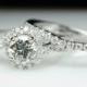 Diamond Halo Swirl Engagement Ring & Wedding Band Set 14k White Gold