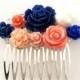 Blue Coral Wedding Hair Comb Navy Blue Orange Peach Hair Accessories Bridesmaid Hair Slide Sapphire Blue Bridal Floral Headpiece Romantic