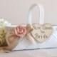 Flower girl basket with here comes the bride sign, ivory lace with burlap ribbon, blush pink flower