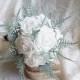 White foam roses ferns flowers wedding SMALL BOUQUET satin Handle, greenery bride, bridesmaids, toss custom