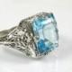 Vintage Blue Topaz Ring Filigree Gemstone Emerald Cut Sterling Silver Ring Size 7