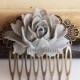 Gray Wedding Comb Grey Hair Accessories Bridal Big Flower Comb Woodland Floral Bridesmaids Head Piece Large Rose Nature Autumn WR