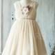 2016 Beige Junior Bridesmaid Dress, Square neck Ruched Flower Girl Dress, Rosette dress, Puffy dress, knee length (JK009)