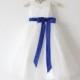 Light Ivory Flower Girl Dress Royal Blue Baby Girls Dress Lace Tulle Flower Girl Dress With Royal Blue Sash/Bows Sleeveless Floor-length