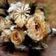 Brooch Bouquet Gold Ivory Black Rustic bouquet Feathers Bridal Wedding Bouquet