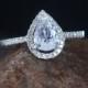 White Sapphire & Diamond Pear cut Halo Engagement Ring 1ct 7x5mm 14k 18k White Yellow Rose Gold-Platinum-Custom made-Wedding-Anniversary