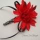 Red Dahlia Boutonniere with Black Accent, Mens Buttonhole Flower, Groomsmen Wedding Favor