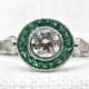 Art Deco Style 14K Gold Diamond and Emerald Halo Engagement Ring 1.27 Carats