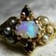 Opal Ring 14K Blue Sapphire Seed Pearl Australian Opal Ring Genuine Opal Engagement Ring September October Birthday Gift for Women