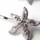 Rhinestone Starfish Hair Clips Pins, Beach Wedding Silver Sparkle Bobby Pins Set of 2