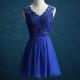 2016 Blue Bridesmaid dress, Lace Chiffon Short Wedding dress, Formal dress, V Neck Blackless Party dress, Prom dress knee length