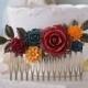Red Navy Orange Hair Comb Fall Wedding Bridal Hair Accessory Antiqued Gold Leaf Flowers Large Hair Comb Barn Wedding Country Wedding Comb