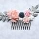 Pink Rose Comb Silver Branch Bridal Comb Something Blue Navy Blue Rose Peach Pink Wedding Floral Hair Comb Garden Wedding Rustic Boho Chic
