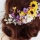 sunflower hair clip, bridal hair clip, sunflower wedding hair piece, bridal hair comb, bridal headpiece, yellow and purple hair flowers