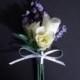 White Rosebud Boutonniere with Lavender, Groom or Groomsmen Lapel Bloom, Mens Wedding Flower