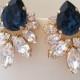 Bridal earrings,Navy blue earrings,Navy blue crystal Statement stud earrings Extra large cluster earrings,Swarovski earrings, Silver or gold