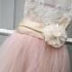 Blush pink " Annabelle" flower girl dress, tea length skirt with hand made flower and champagne sash