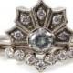 Modern Art Deco Engagement Ring Set - Crown Ring With Moissanite And Diamonds Chevron Diamond Wedding Band