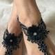 Black silver lace barefoot sandals, FREE SHIP, beach wedding barefoot sandals, belly dance, goth wedding, bridesmaid gift, beach shoes