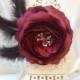 Burgundy Headpiece, Large Red Hair Flower, Satin Hair Rose, Scarlet Flower Pin, Red Wedding Hair Flower, Satin flower with feathers