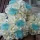 Real Touch White Rose and Blue / 4 Bridesmaid Bouquets and 4 Boutonnieres / Aqua / Pool Blue / Spa Bue / Silk Wedding Flowers / 8 Pieces