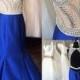 Delicate Crew Neck Open Back Sweep Train Royal Blue Mermaid Prom Dress with Beading