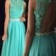 Dramatic Round Neck Open Back Floor-Length Turquoise Prom Dress with Beading Appliques