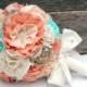 Romantic rustic peach, mint, ivory and burlap bridal wedding bouquet. Shabby chic fabric flowers. Ombre style