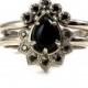 Pear Onyx and Black Diamond Gothic Cluster Engagement Ring with Crown Wedding Band - 14k Palladium White Gold