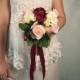 READY to SHIP Silk flowers peony roses hydrangea vintage wedding bouquet blush pink burgundy Flowers satin ribbon, toss