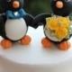 Wedding penguin cake topper, holding hands penguins with baseball hats, sport themed wedding