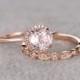 2 Morganite Bridal Set,Engagement ring Plain Rose gold,Diamond wedding band,7mm Round Gemstone Promise Ring,Claw Prongs,Pave Set,Art Deco